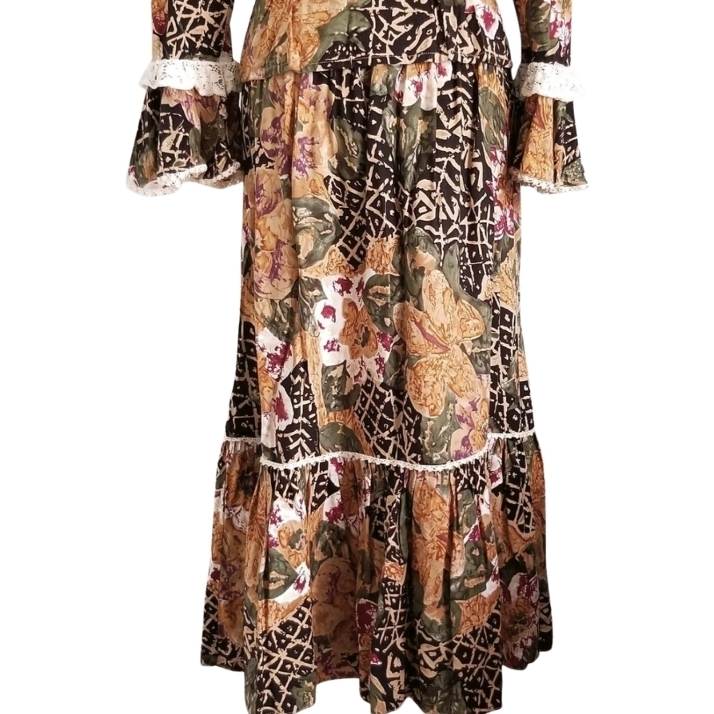 🇨🇦 90s Vintage Earthy Tones Dark Floral Tiered Corset Skirt With Lace Details - Picture 4 of 6